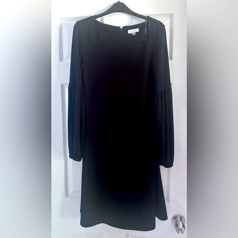 Calvin Klein black dress flattering subtle A-line. Worn twice.